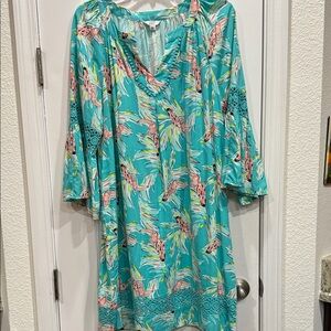Crown & Ivy Turquoise Tropical Print Long Sleeve Dress